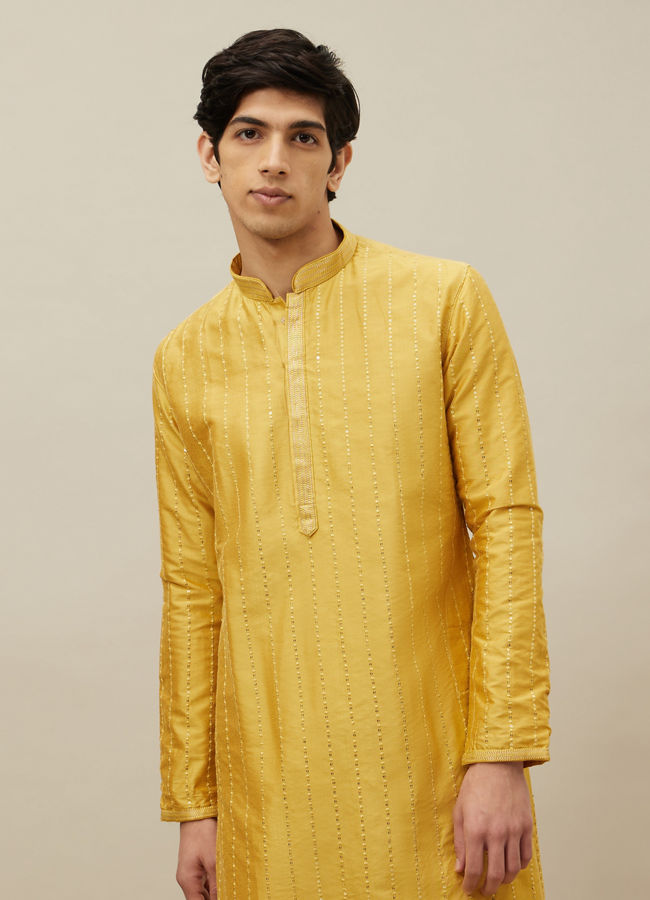 Manyawar Aurora Gold Vertical Patterned Kurta Set - India shopping