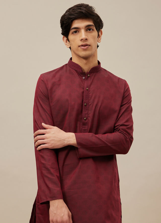 Manyawar Chilli Pepper Red Self Patterned Kurta Set - India shopping