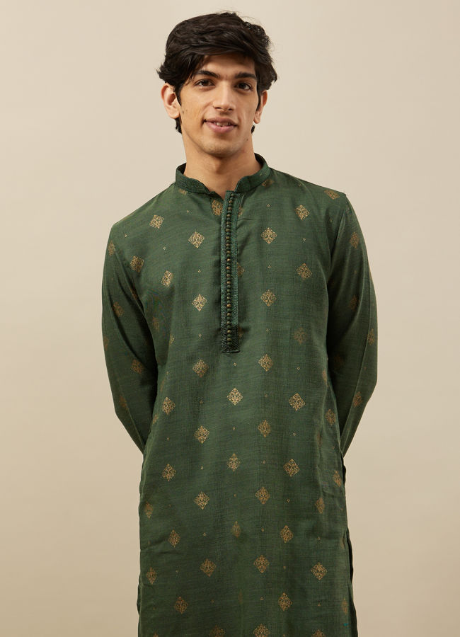 Manyawar Forest Green Kurta Set with Medallion Prints - India shopping
