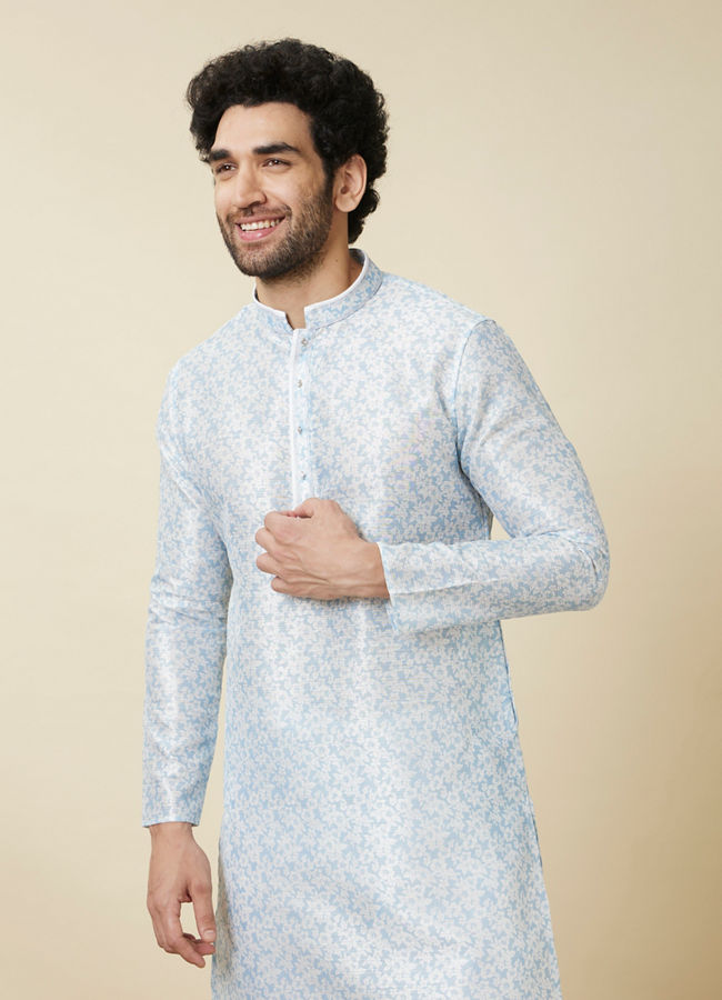Manyawar Delicate Blue FLoral Printed Kurta Set - India shopping