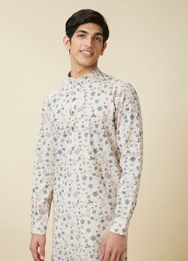 Manyawar Antique White Floral Printed Kurta - India shopping