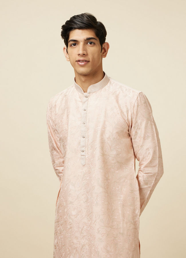 Manyawar Soft Pink Bel Buti Patterned Kurta Set - India shopping