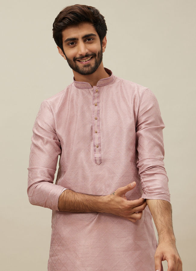 Manyawar Quartz Pink Grid Patterned Kurta Set - India shopping