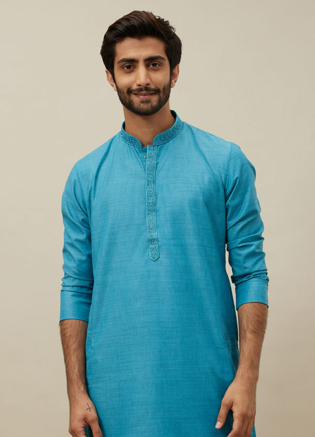 Manyawar Ferozi Blue Embroidered Placket Kurta Set - India shopping