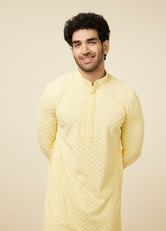 Manyawar Crayola Yellow Floral Chikankari Embroidered Kurta Set - India shopping