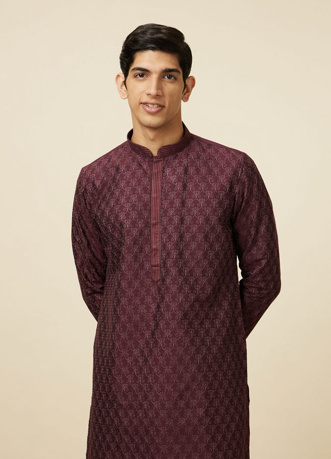 Manyawar Windsor Wine Kurta Set with Ogee Floral Prints - India shopping