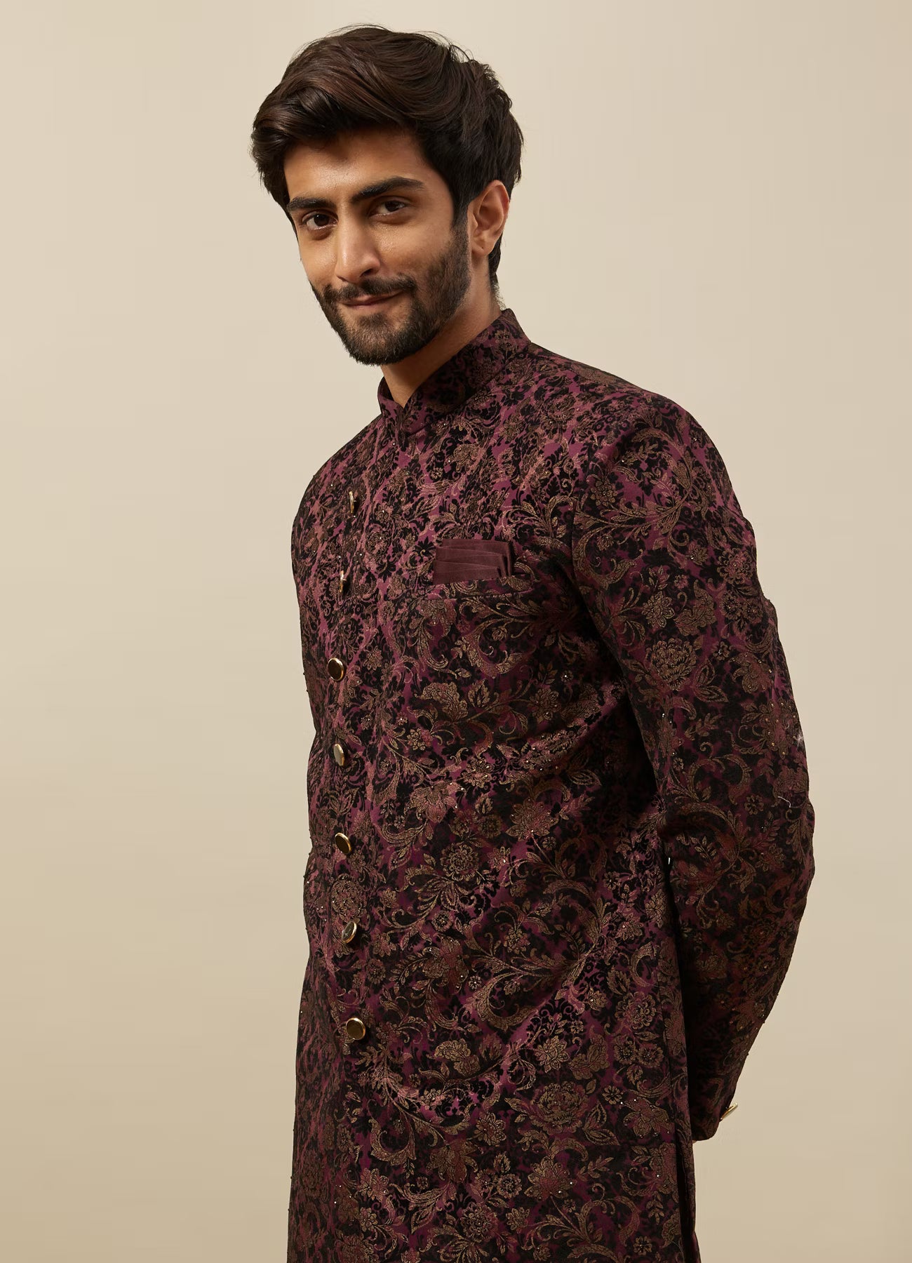 Manyavar Windsor Wine Angrakha Style Indo Western Set | Ready To Wear