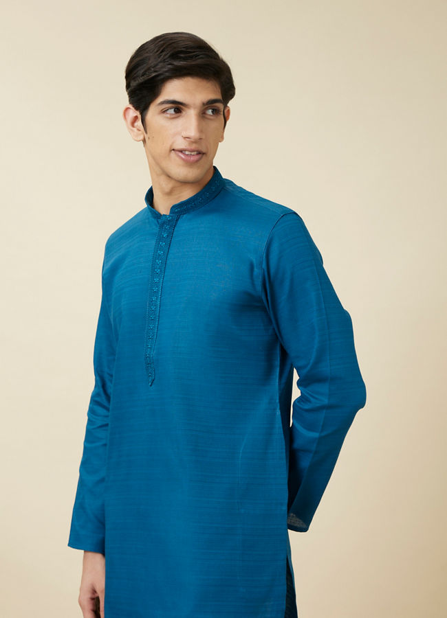 Manyawar Brilliant Blue Embroidered Neckline Kurta Set - India shopping