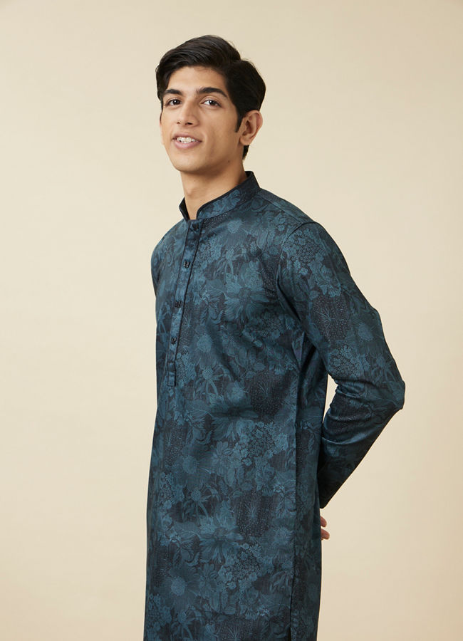 Manyawar Crystal Teal Blue Floral Printed Casual Kurta - India shopping