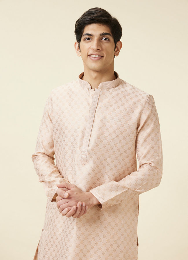 Manyawar Cream Pink Ogee Patterned Kurta Set - India shopping