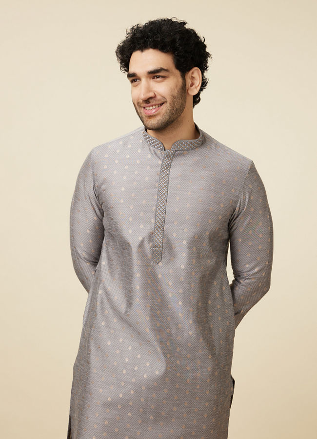 Manyawar Glacier Grey Buta Patterned Kurta Set - India shopping