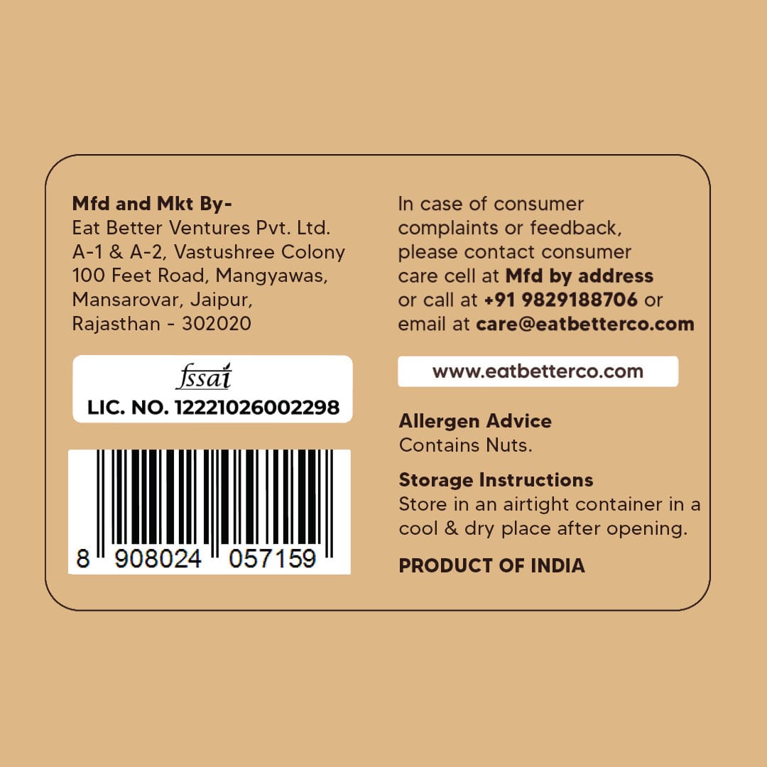 Back label with branding, contact information, and product details on a brown background