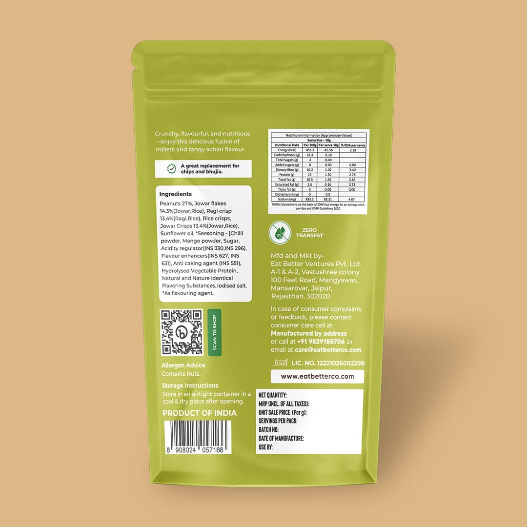 Eat Better Co Millet Namkeen - Mango Achaari - 4 Packets (4 x 100 grams) - 400 gms
