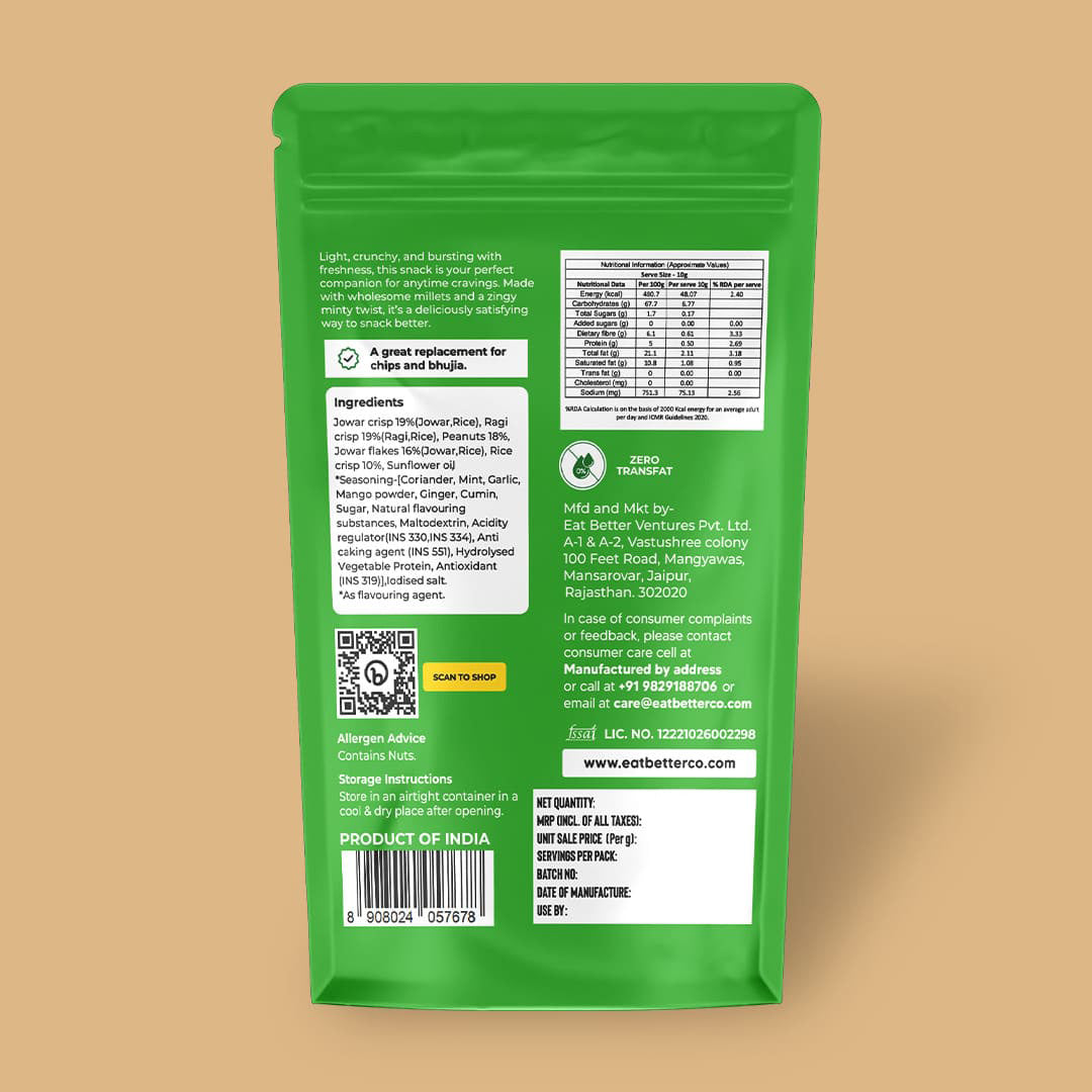 Eat Better Co Millet Namkeen - Pudina Punch - 4 Packets (4 x 100 grams) - 400 gms