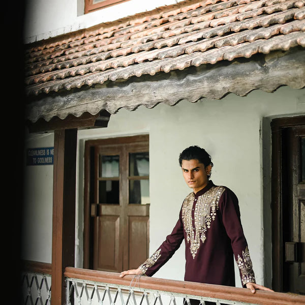 Meraki Ethnic Wine Regal Pichwai Kurta Pajama | Ready To Wear