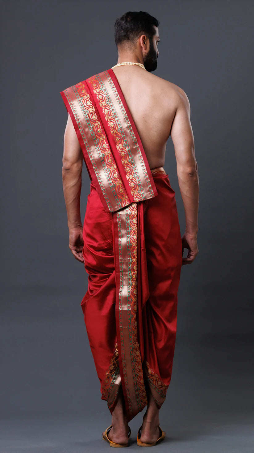 Vibrant Maroon Colour Semi Silk Patola Border Dhoti And Uparana