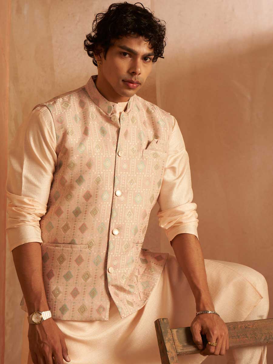 Mangalam Designer Vrindavan Peach Koti Kurta Pajama | Ready To Wear