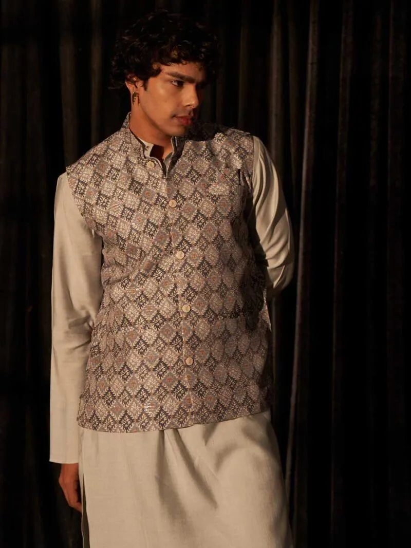 Mangalam Designer Traditional Grey Koti Kurta Pajama | Ready To Wear