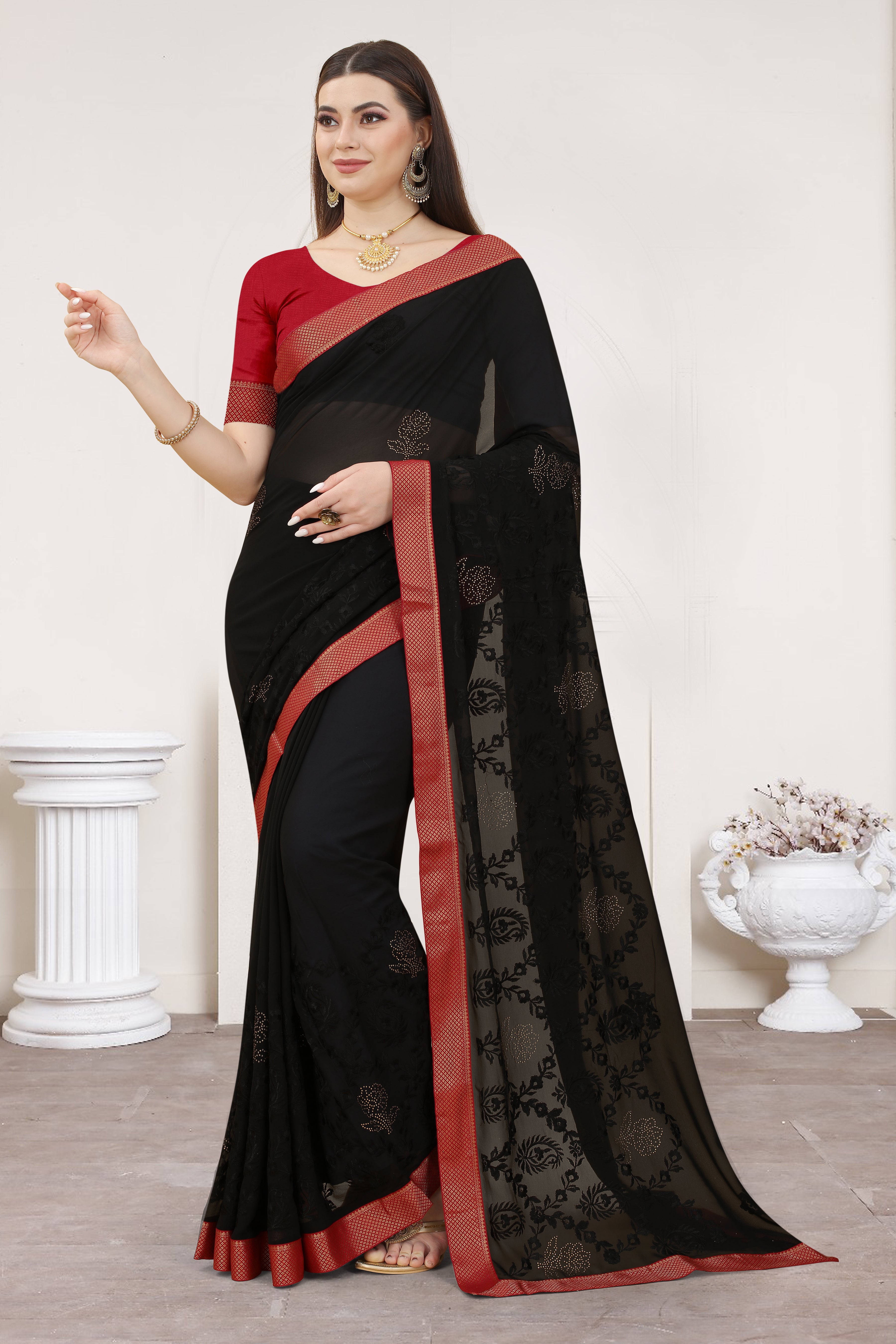 Ready-to-Wear Georgette Saree with Heavy Resham Embroidery & Swarovski Stone Work