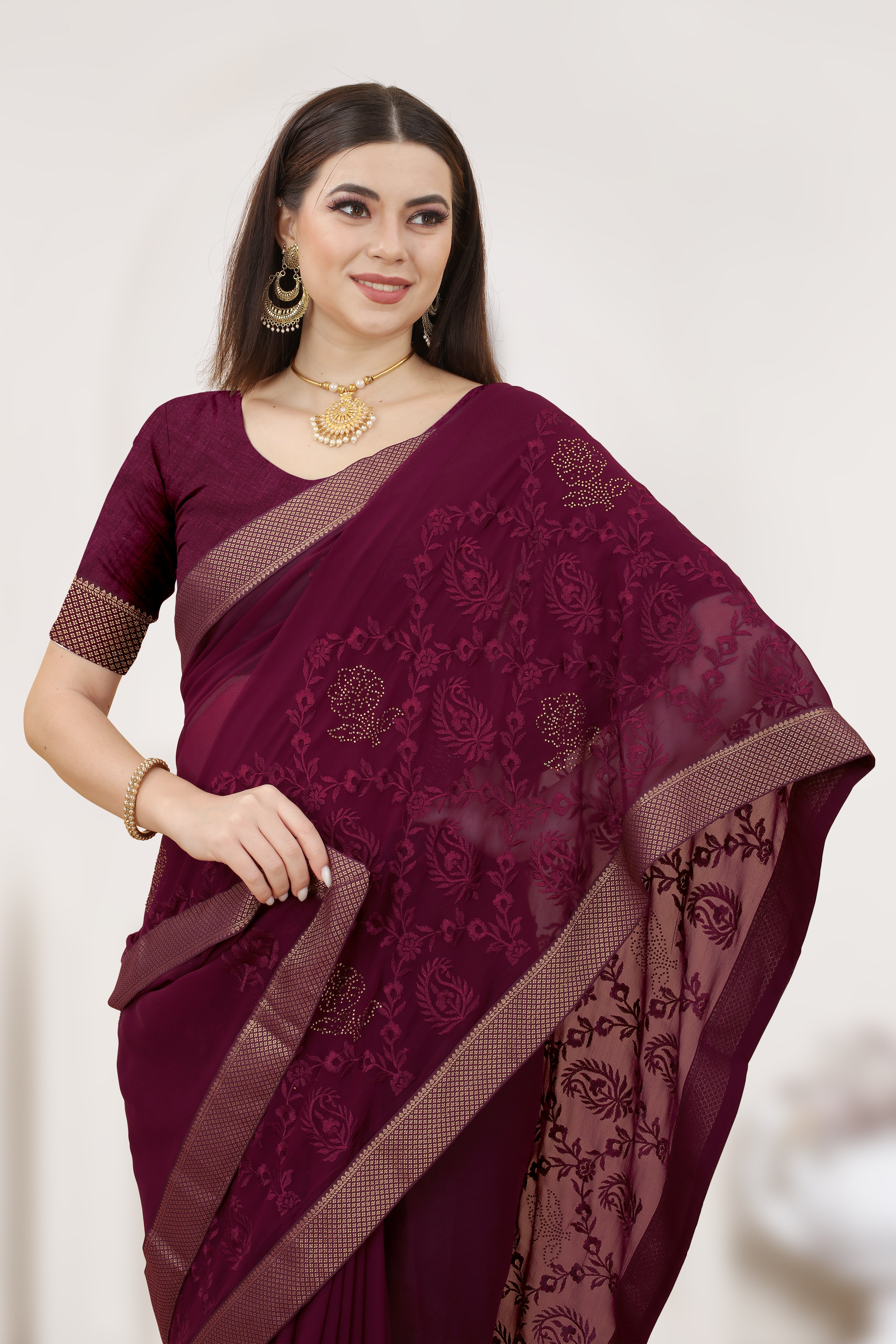Designer Ready-to-Wear Georgette Saree with Resham Embroidery & Hot-Fix Stone Blouse