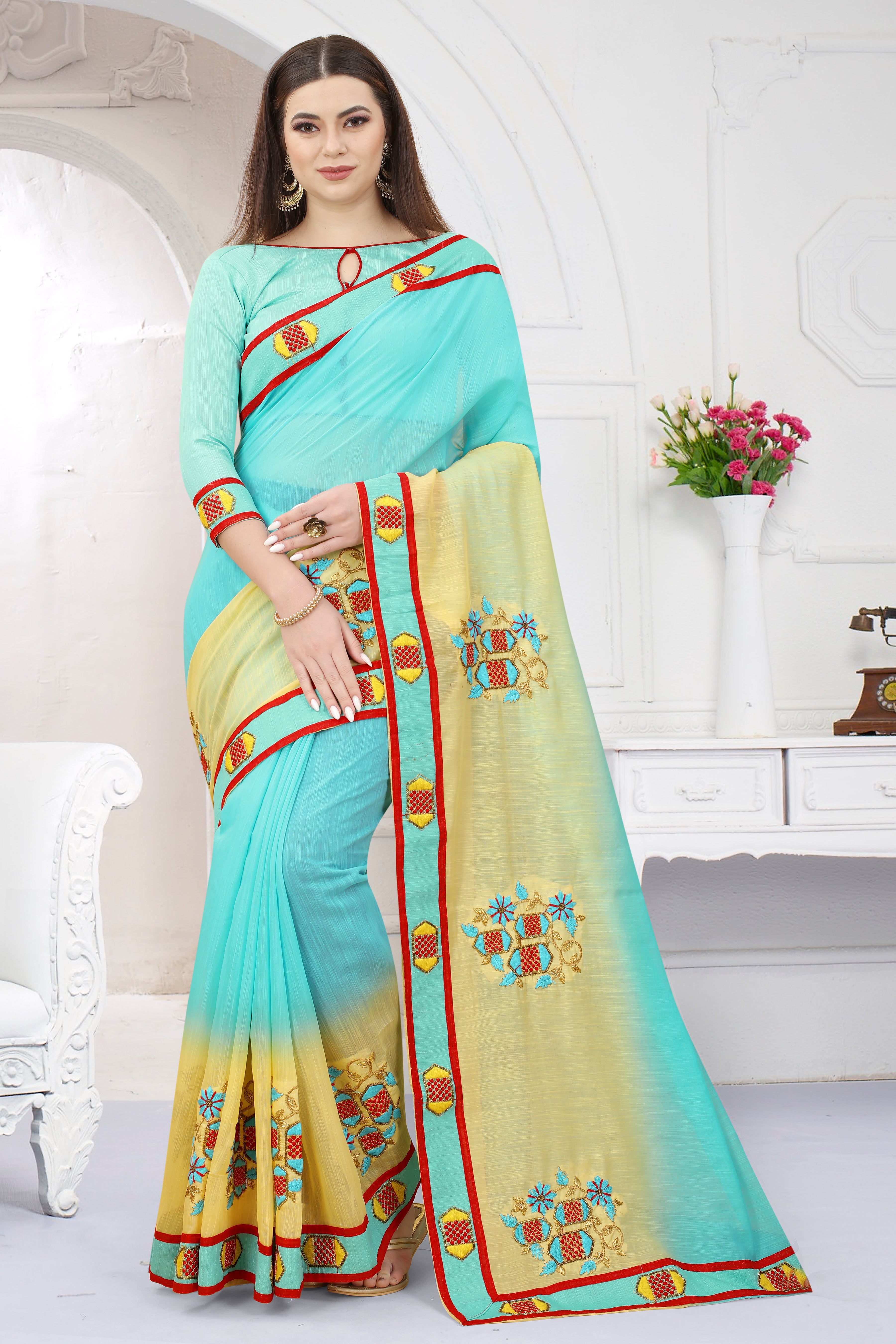 Exclusive Party Wear Art Silk Saree with Jari & Resham Hand Embroidery