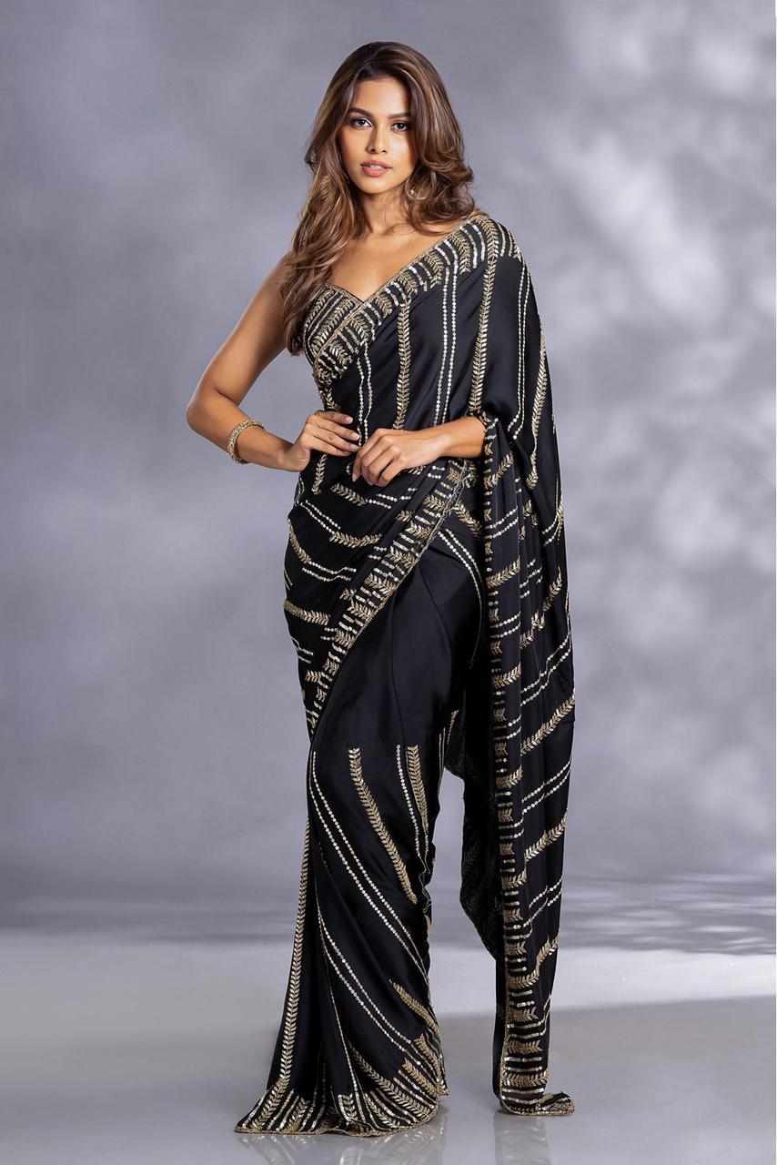 Beautiful Classic Weaves Black Georgette Saree | Ready To Wear AF5997