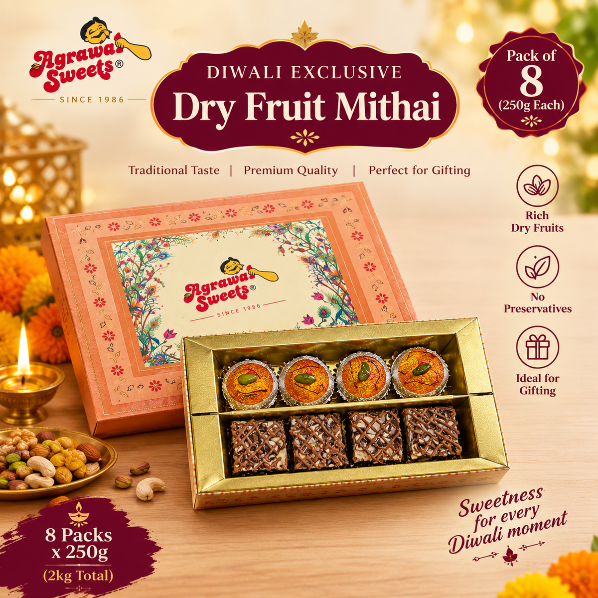 Agrawal Sweets Diwali Exclusive Dry Fruit Mithai gift box, 250g per pack, pack of 8, 2kg total.