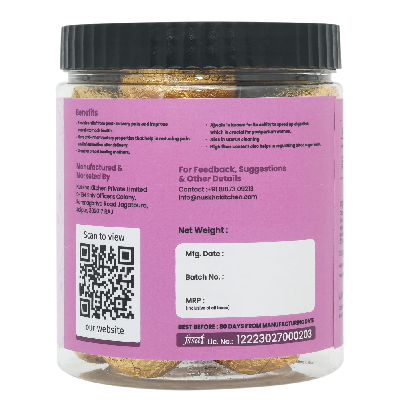 Jar with a purple label containing text and a QR code on a white background