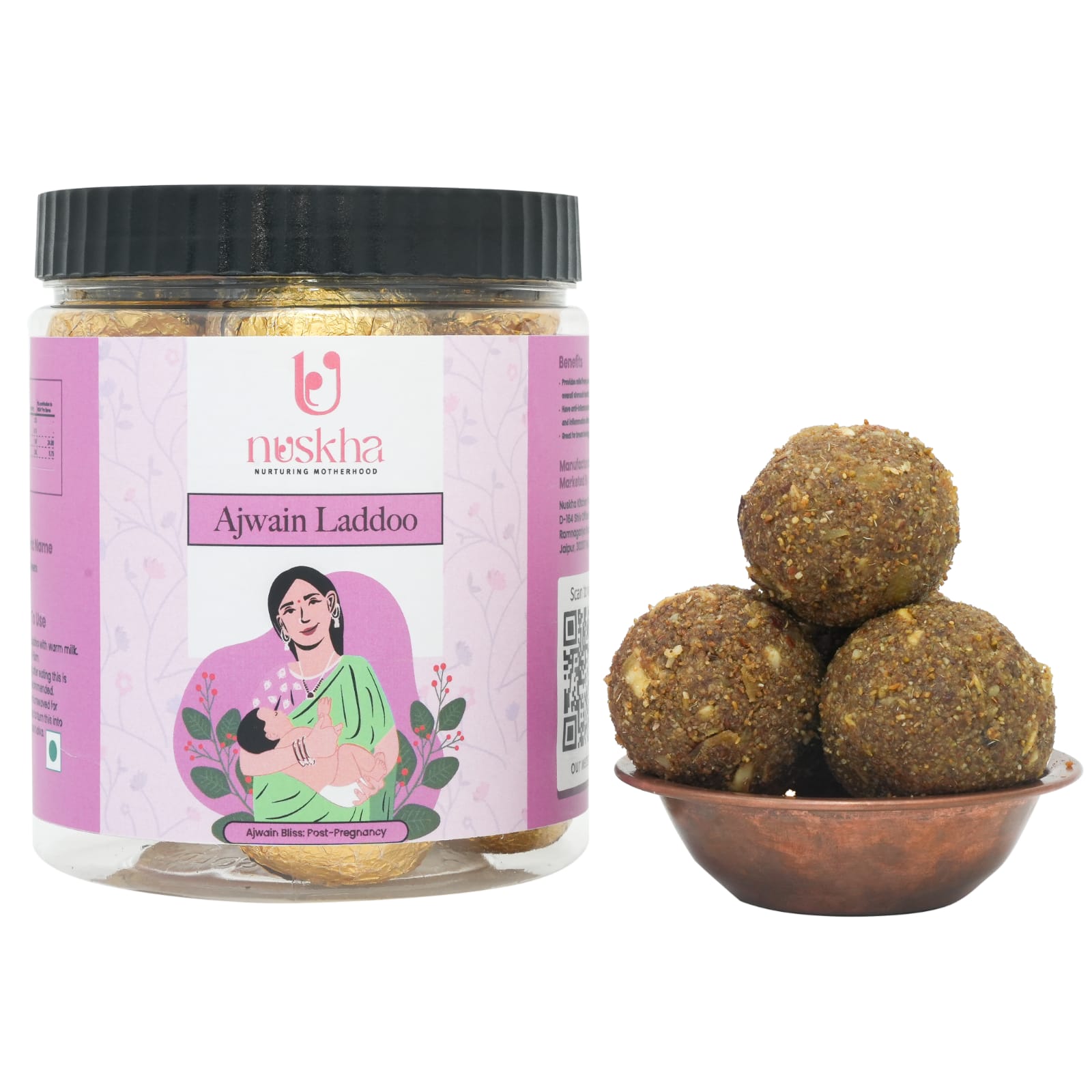 Jar of Ajwan Ladoo with a pink label and three laddus in a bowl on a white background
