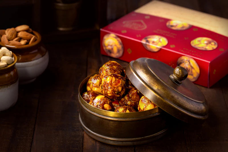 Almond House Anjeer Dryfruit Laddu in a Decorative Tin Box with Almonds, Cashews, and Figs