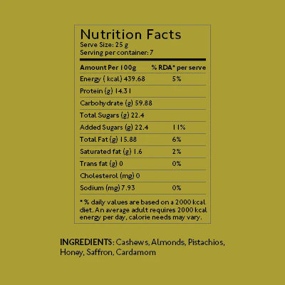 Nutrition facts label for Almond House Dry Fruit Gujia, highlighting ingredients like cashews, almonds, pistachios, and honey.