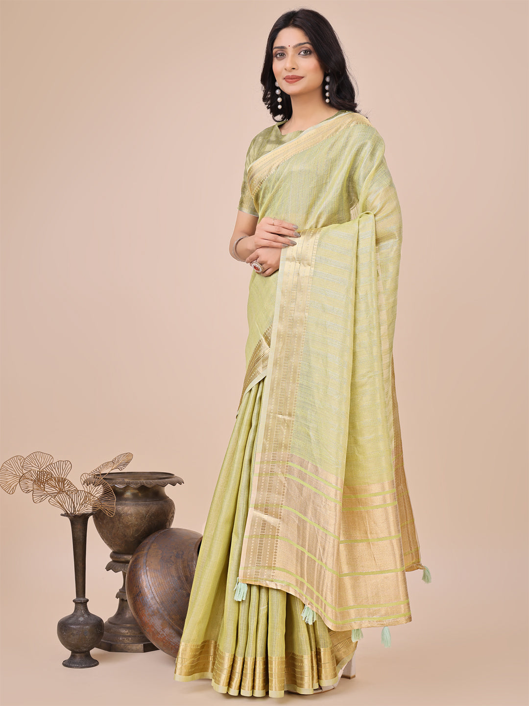 Amber Mirage Organza Saree |Light Green Colour| Ready to Wear -SKU- SWSAH1003