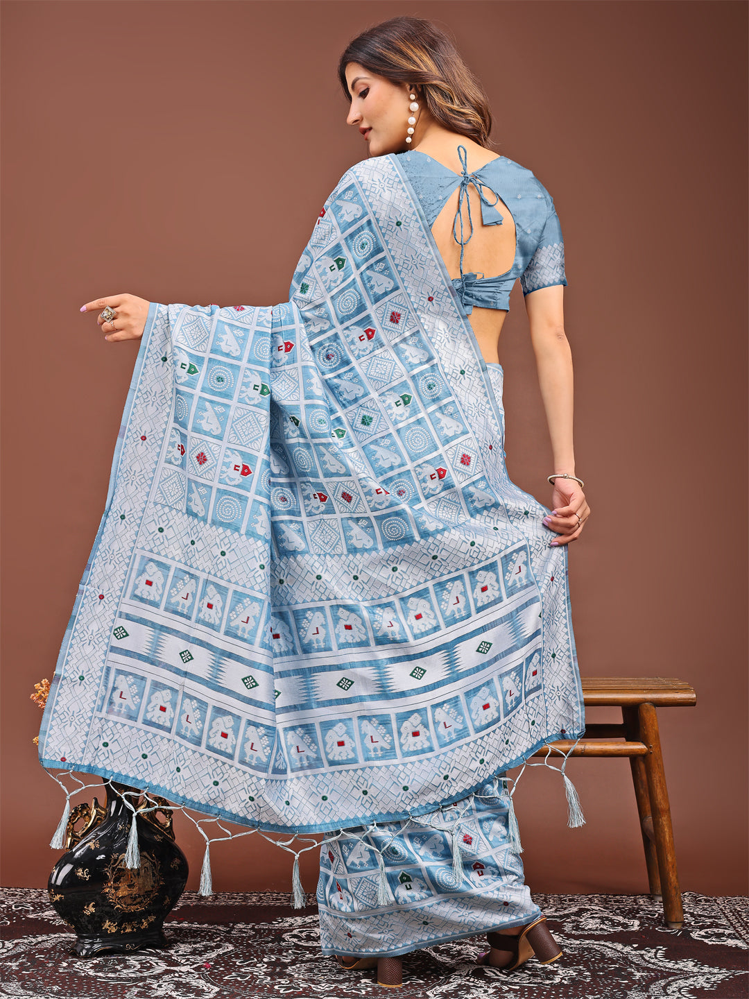 Aranya Bloom Linen Cotton Saree | Sky Blue Color | Ready To Wear SKU- ASBAD1003