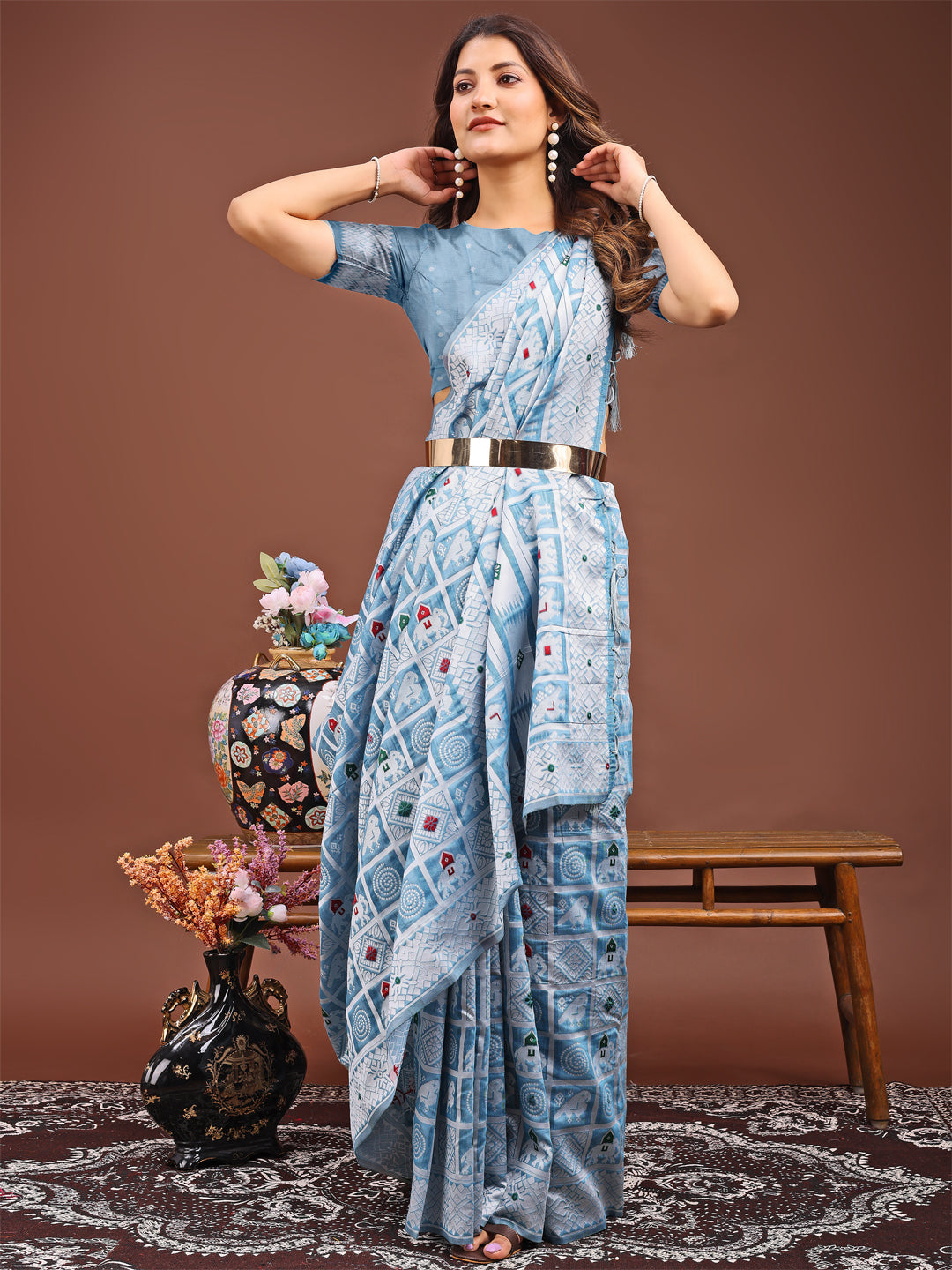 Aranya Bloom Linen Cotton Saree | Sky Blue Color | Ready To Wear SKU- ASBAD1003