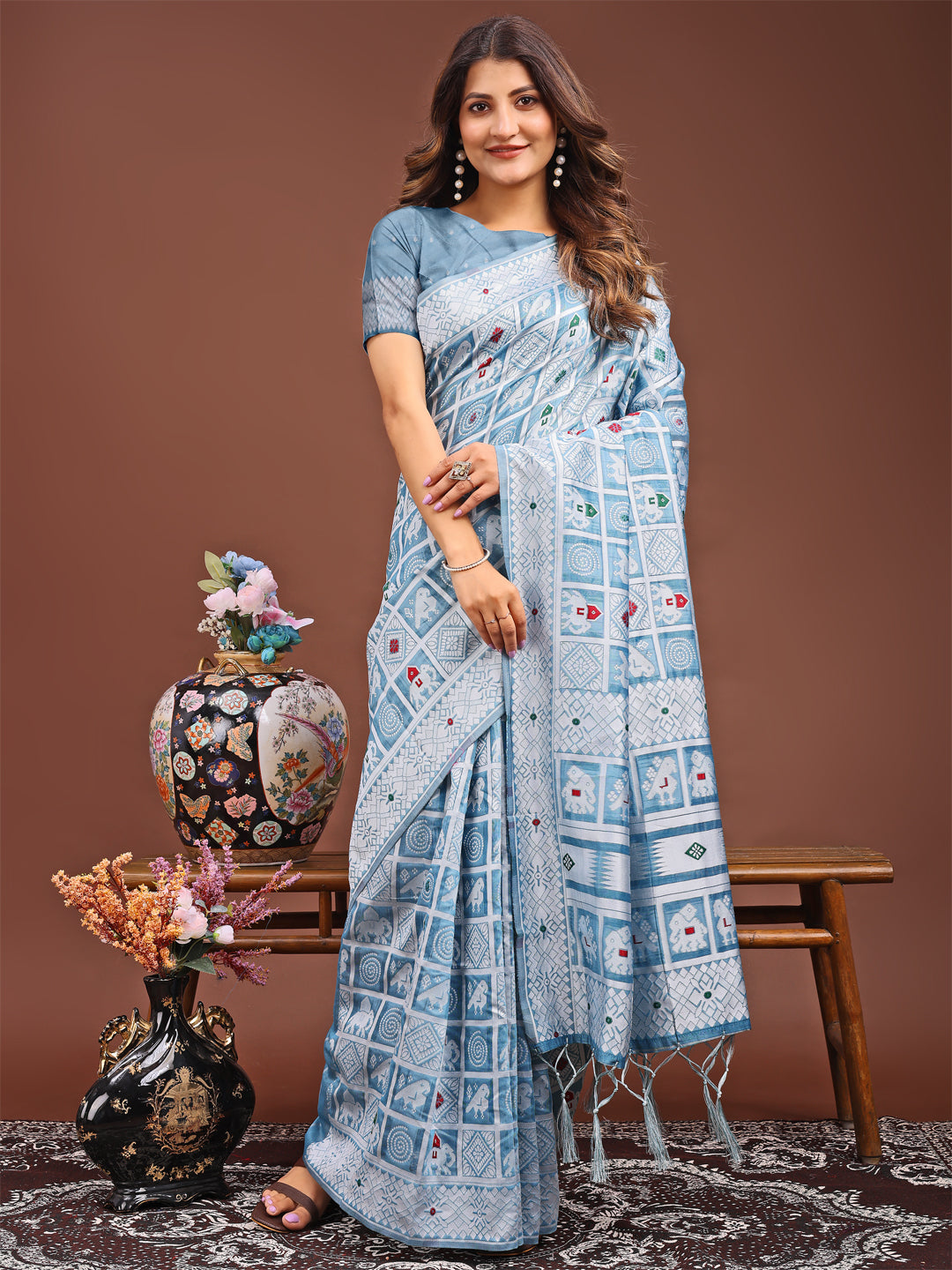 Aranya Bloom Linen Cotton Saree | Sky Blue Color | Ready To Wear SKU- ASBAD1003