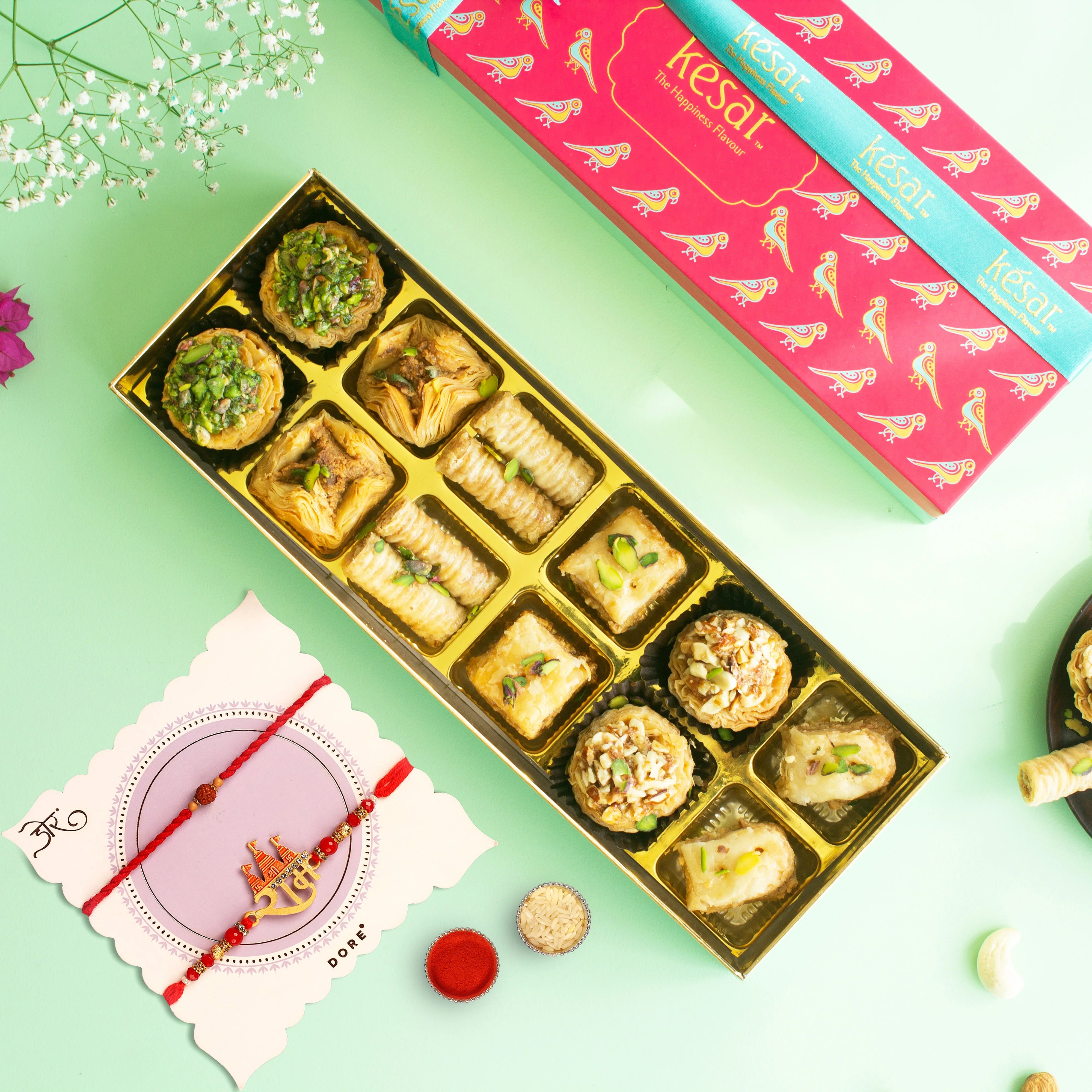 Kesar Sweets Assorted Baklava Delight Gift Box With 2 Rakhis