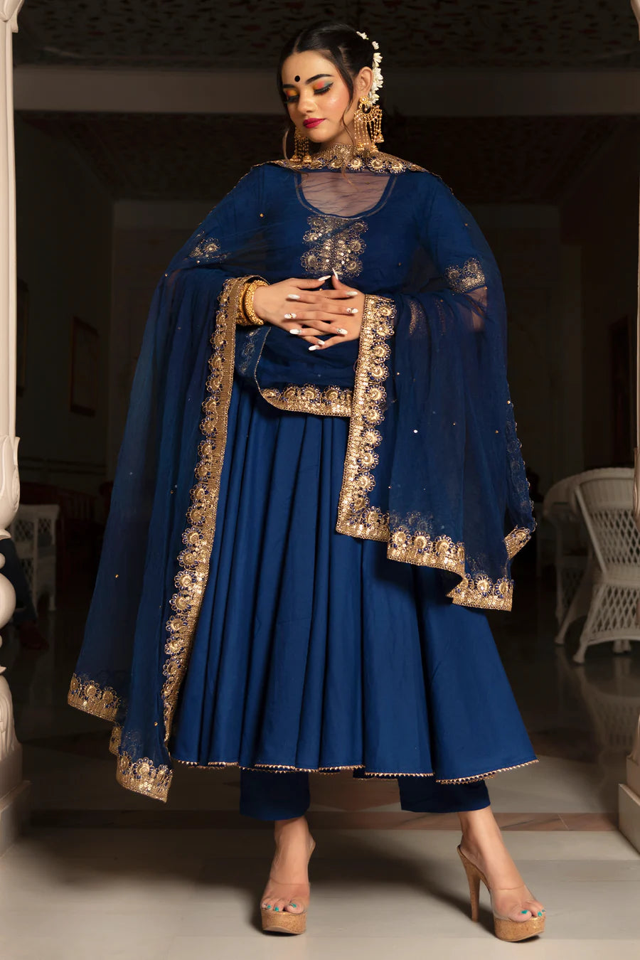 Minakari Blue Cotton Anarkali Set With Embroidery Lace Soft Net Dupatta | Ready to Wear Code - PJS1161-1