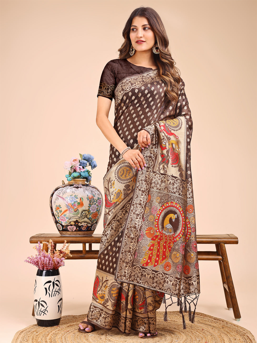 Beautiful Linen Cotton Saree | Brown Color | Ready To Wear SKU-ASZRE1006
