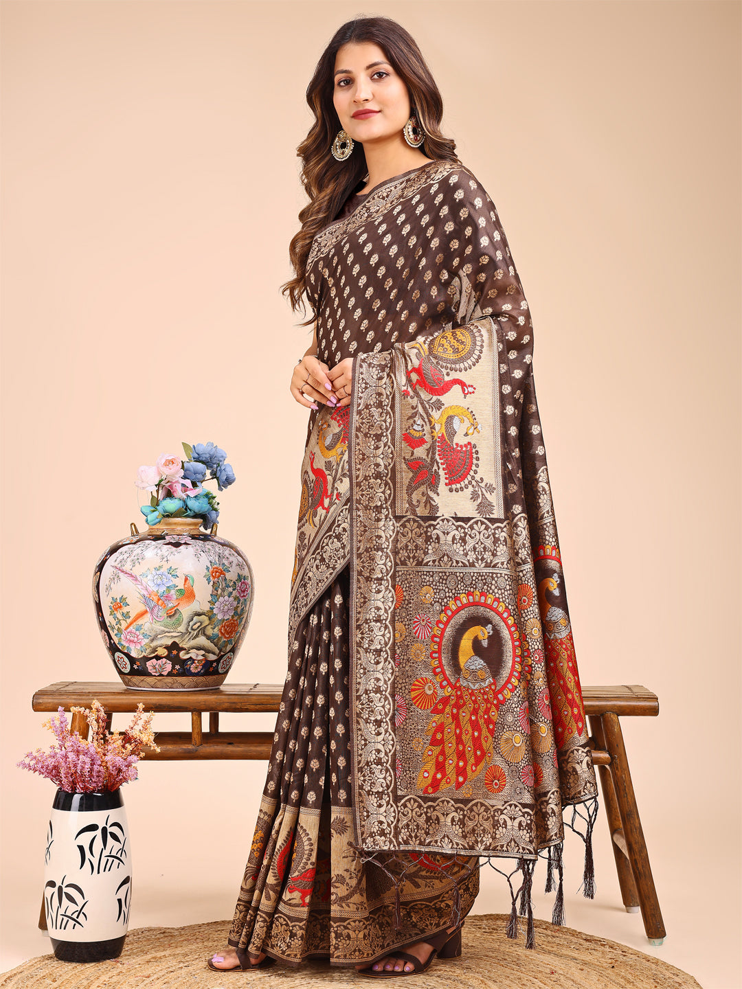 Beautiful Linen Cotton Saree | Brown Color | Ready To Wear SKU-ASZRE1006