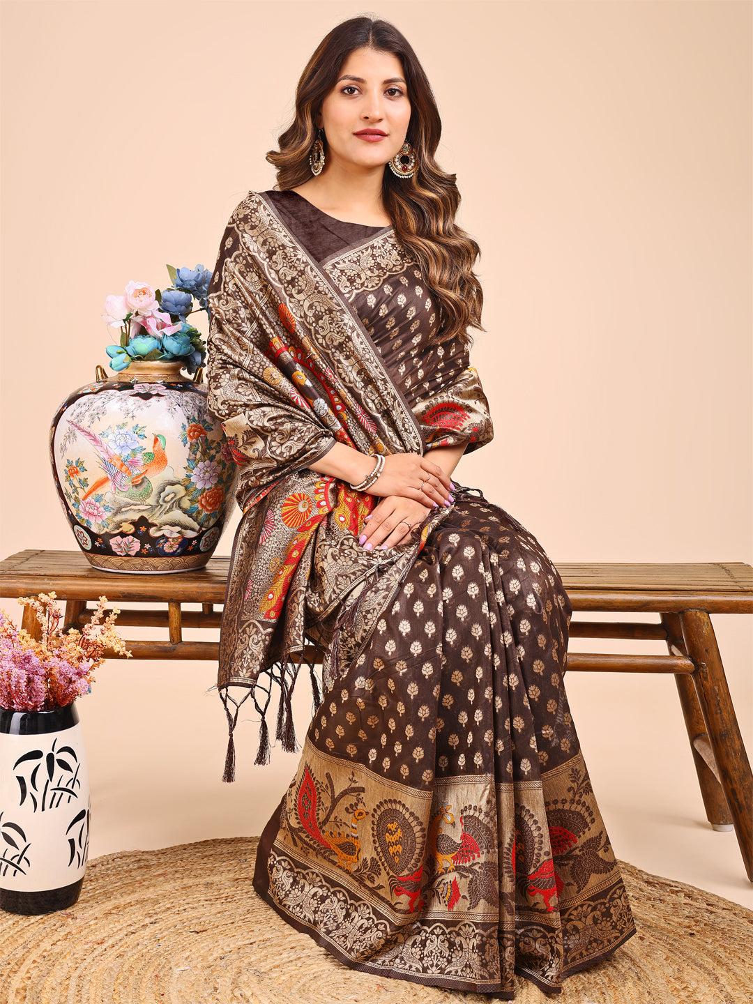 Beautiful Linen Cotton Saree | Brown Color | Ready To Wear SKU-ASZRE1006