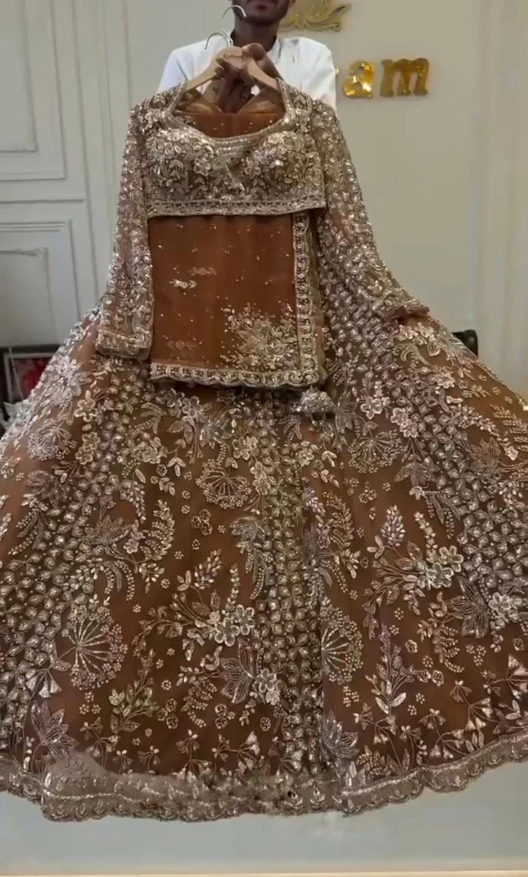 Coffee Color Shining Net Lehenga Choli | Ready To Wear