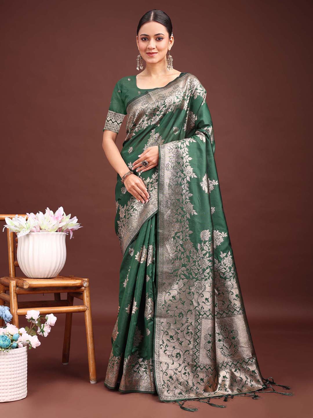 Latest Zari Zameen Saree | Dark Green Color| Ready To Wear SKU-ASSIL1001