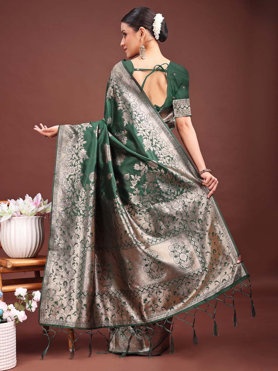 Latest Zari Zameen Saree | Dark Green Color| Ready To Wear SKU-ASSIL1001