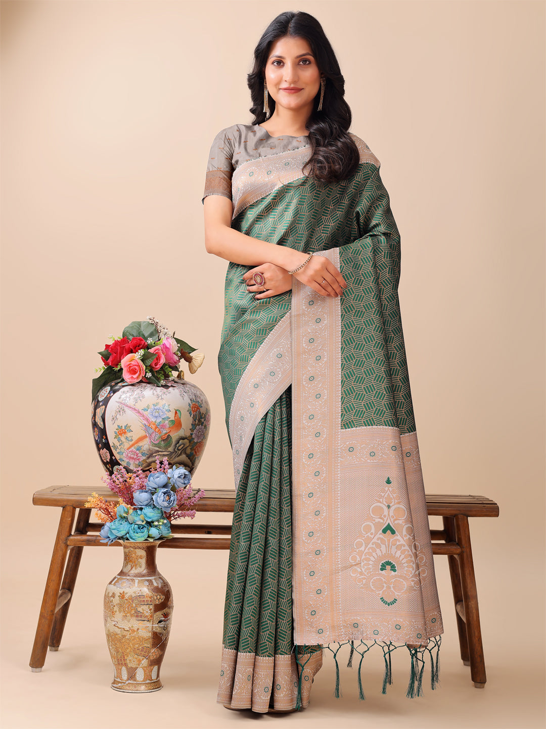 Latest Devi Darshan Saree | Green Color | Ready To Wear SKU-ASMIS1005