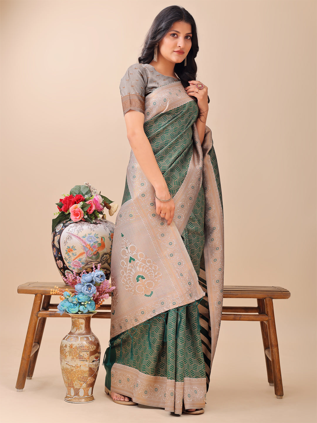 Latest Devi Darshan Saree | Green Color | Ready To Wear SKU-ASMIS1005