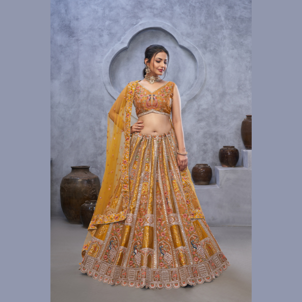 Latest Marvelous Mustard with peacock Embroidered bridal lehenga | Ready To Wear