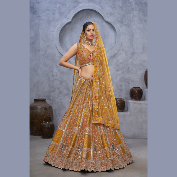 Latest Marvelous Mustard with peacock Embroidered bridal lehenga | Ready To Wear