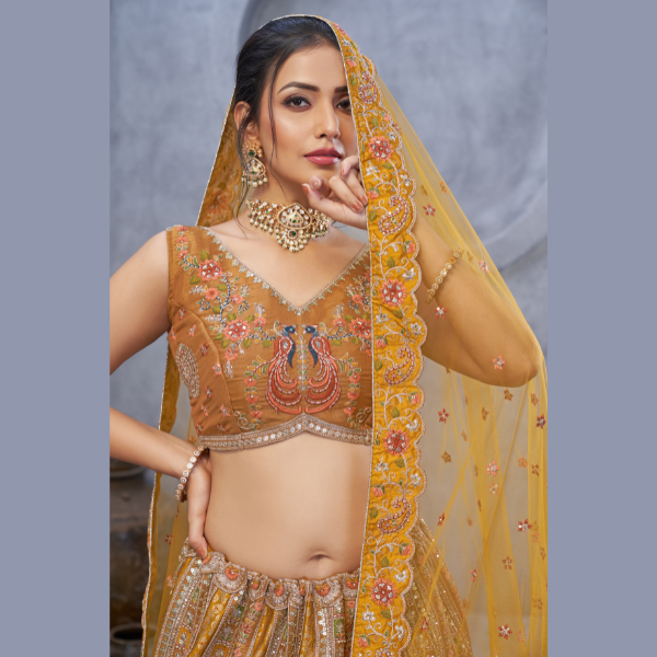 Latest Marvelous Mustard with peacock Embroidered bridal lehenga | Ready To Wear