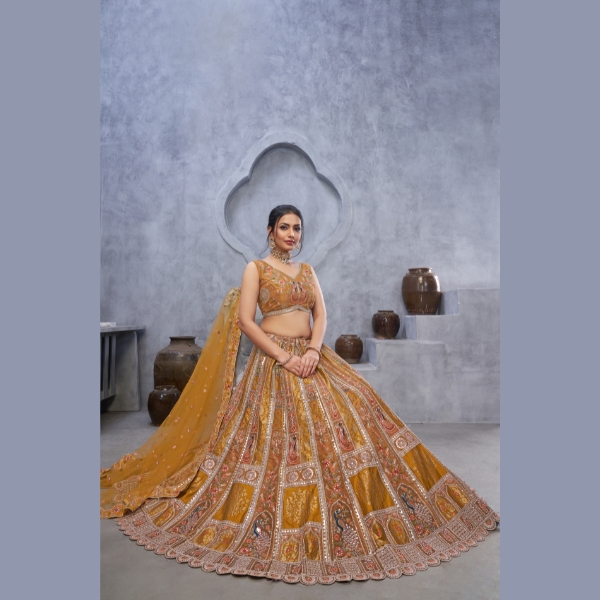Latest Marvelous Mustard with peacock Embroidered bridal lehenga | Ready To Wear