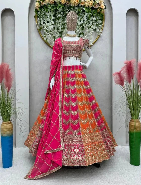 Designer Pink Orange Color Georgette Sequence Work Wedding Wear Lehenga | Ready To Wear